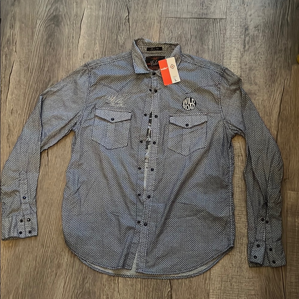 Men's Blue Patterned Button Down Shirt- Black Graphic on Back